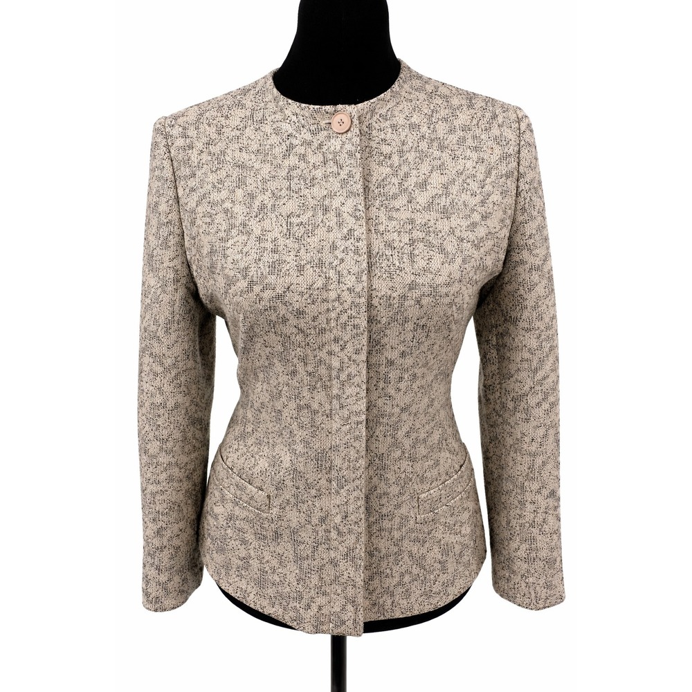 Carlisle Womens Round Neck Hidden Button Blazer Size 6 Beige Tweed Knit Lined